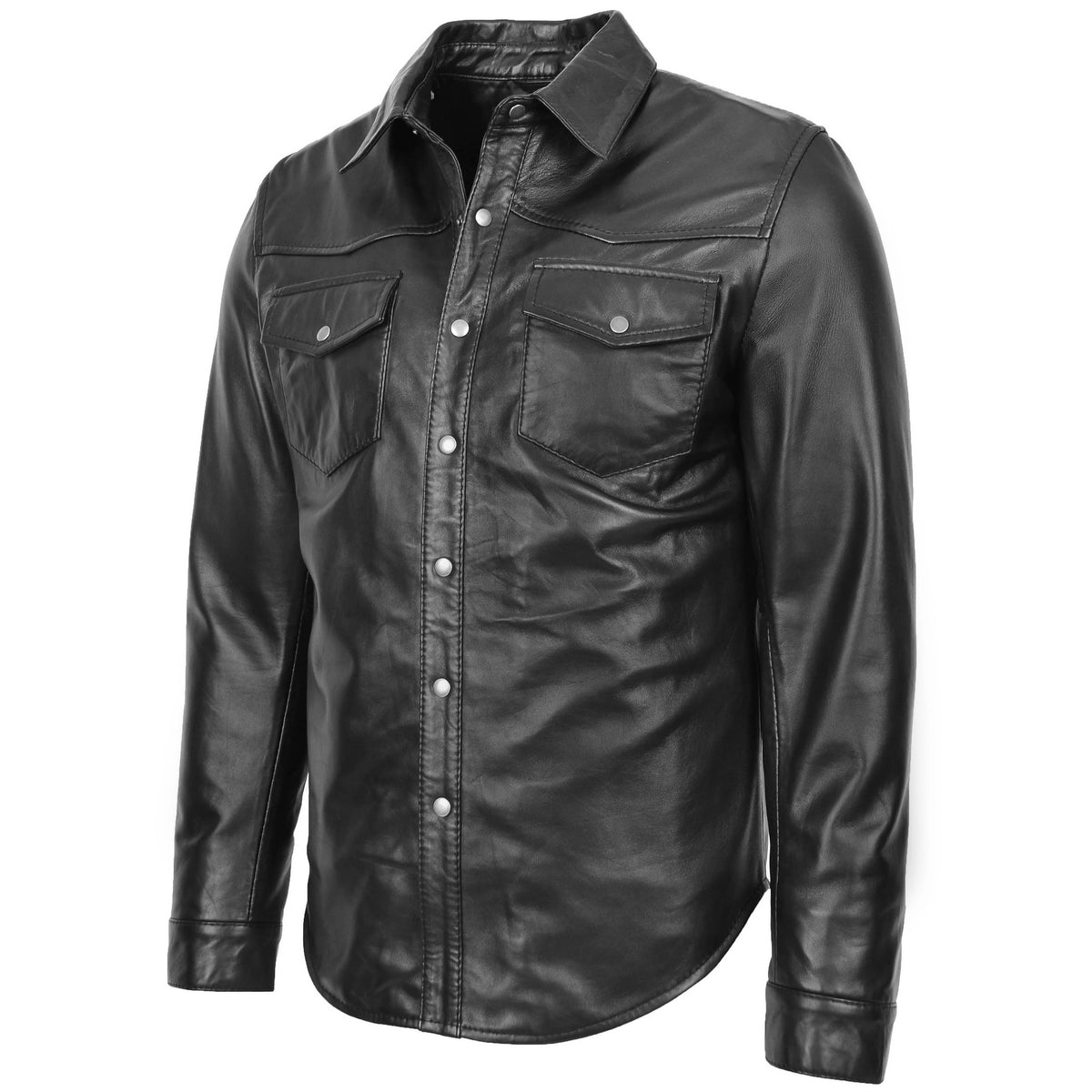 Mens Leather Shirt Classic Trucker Style Oliver Black - genuine leather jacket in black with two outer pockets