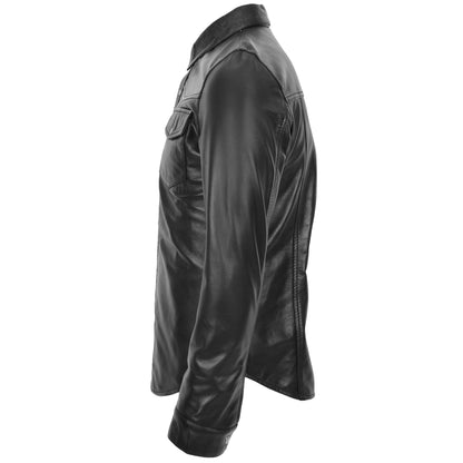 Mens Leather Shirt Classic Trucker Style Oliver Black - genuine leather jacket in black with trucker