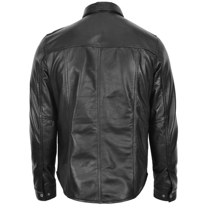 Mens Leather Shirt Classic Trucker Style Oliver Black - genuine leather jacket in black with trucker