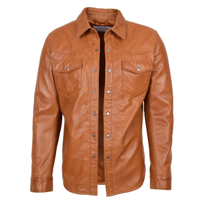 Mens Leather Shirt Classic Trucker Style Oliver Tan - genuine leather jacket in tan with two outer pockets