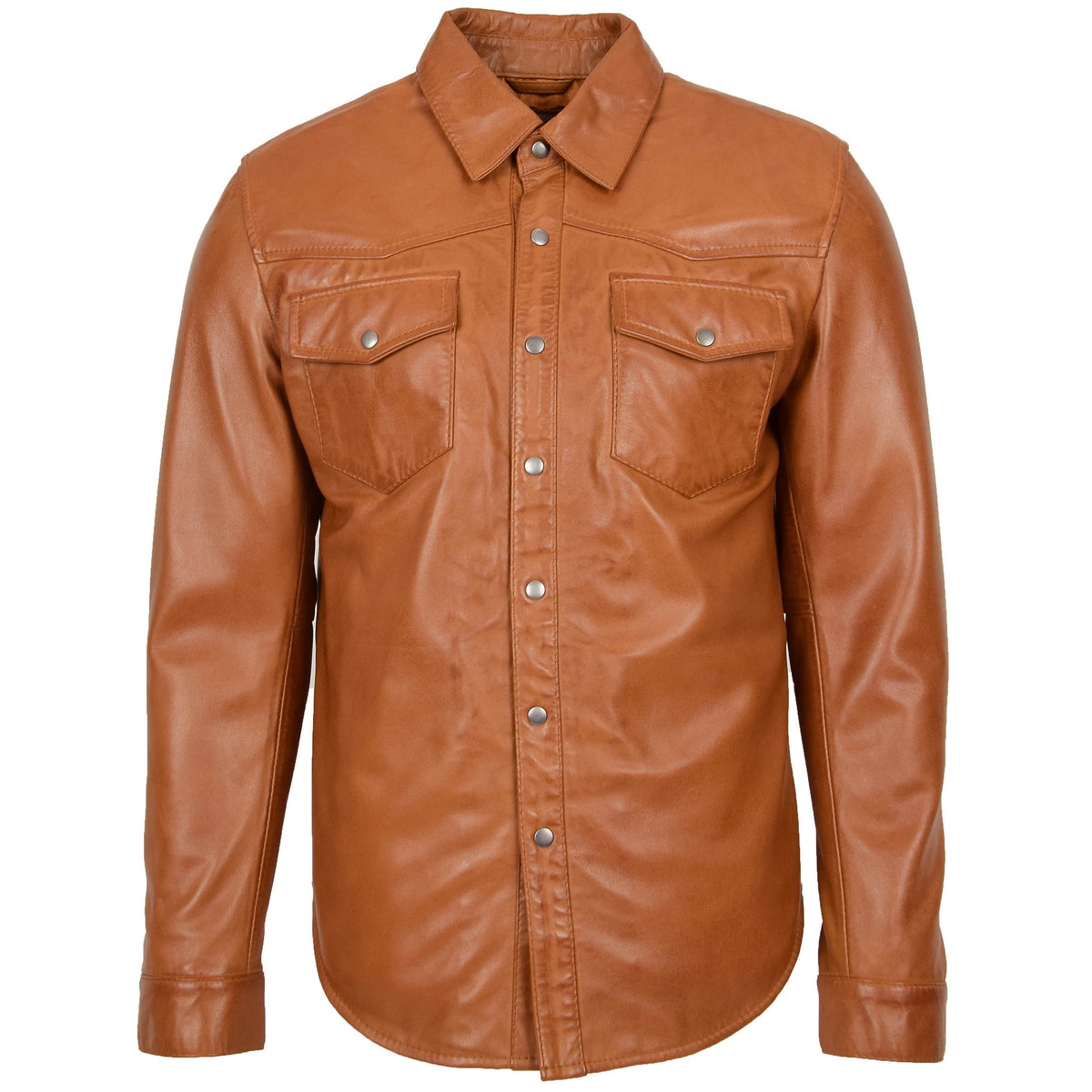 Mens Leather Shirt Classic Trucker Style Oliver Tan - genuine leather jacket in tan with trucker