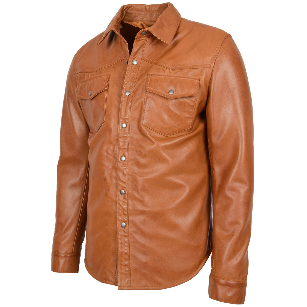 Mens Leather Shirt Classic Trucker Style Oliver Tan - genuine leather jacket in tan with two outer pockets