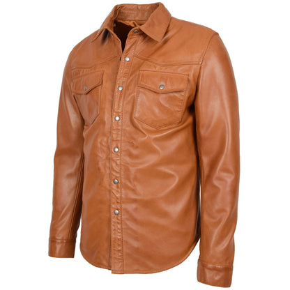 Mens Leather Shirt Classic Trucker Style Oliver Tan - genuine leather jacket in tan with two outer pockets
