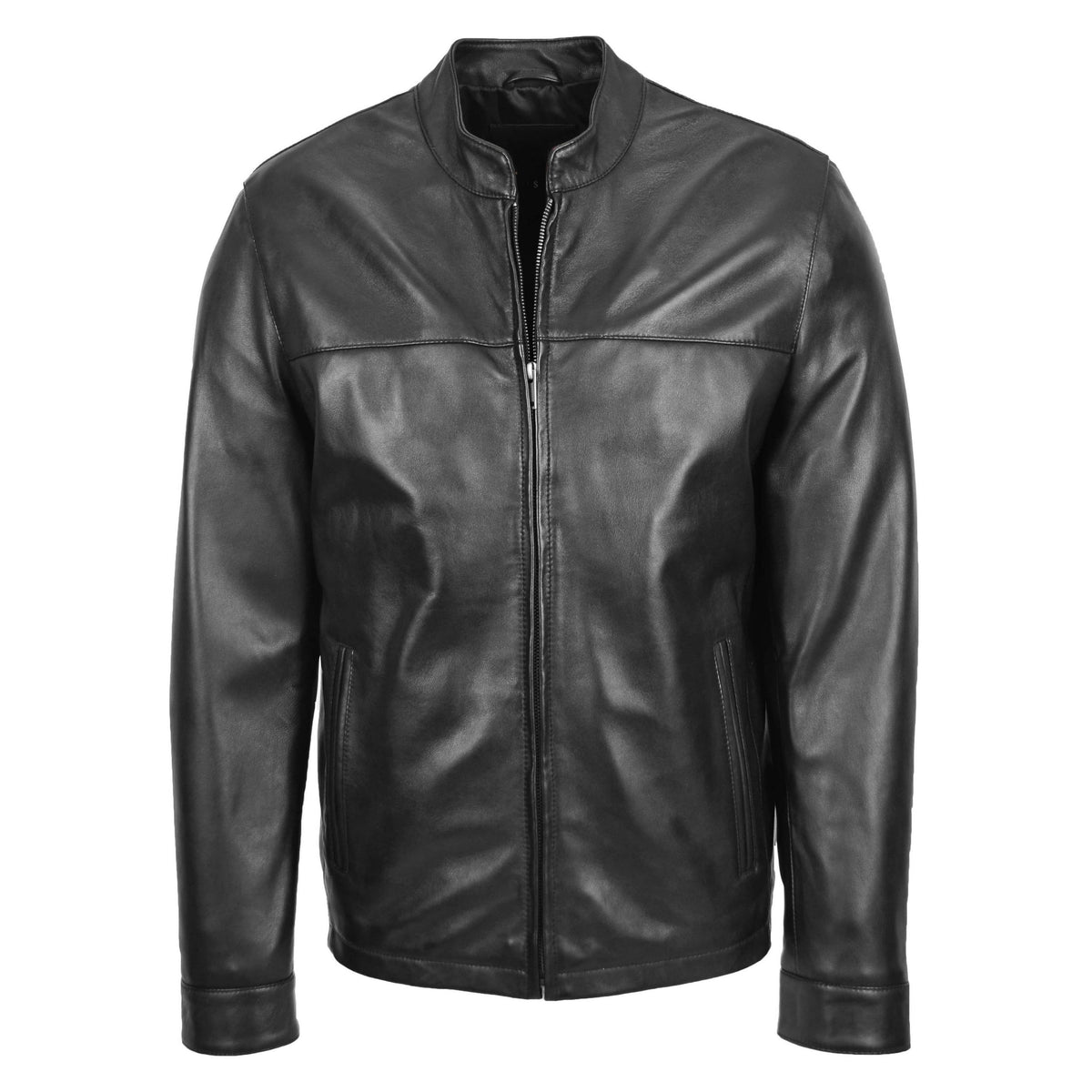 Mens Leather Standing Collar Jacket Paul Black - genuine leather jacket in black with two outer pockets