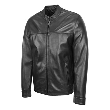 Mens Leather Standing Collar Jacket Paul Black - genuine leather jacket in black with two outer pockets