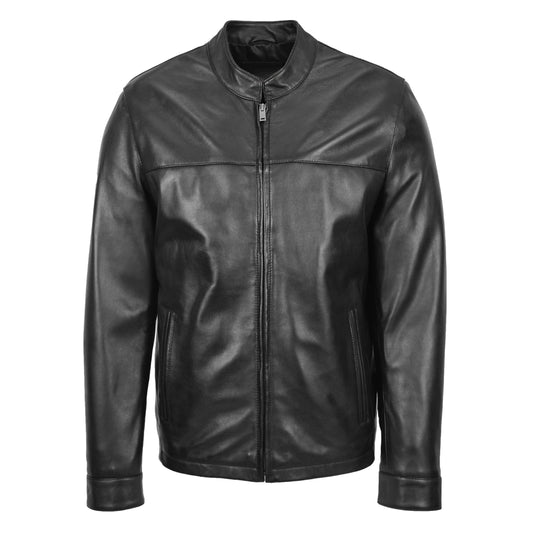 Mens Leather Standing Collar Jacket Paul Black - genuine leather jacket in black with two outer pockets