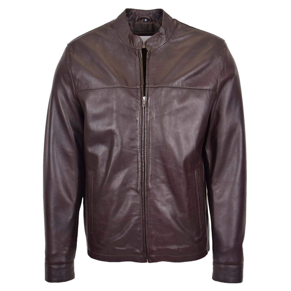 Mens Leather Standing Collar Jacket Paul Brown - genuine leather jacket in brown with two outer pockets