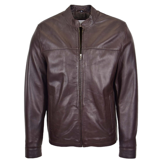 Mens Leather Standing Collar Jacket Paul Brown - genuine leather jacket in brown with two outer pockets