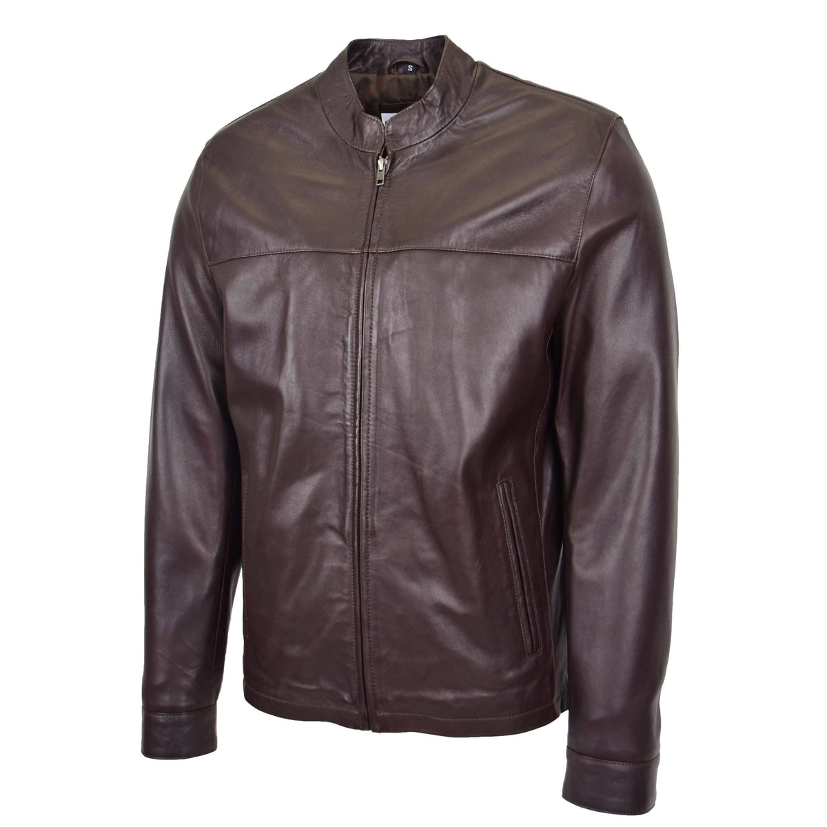 Mens Leather Standing Collar Jacket Paul Brown - genuine leather jacket in brown with two outer pockets