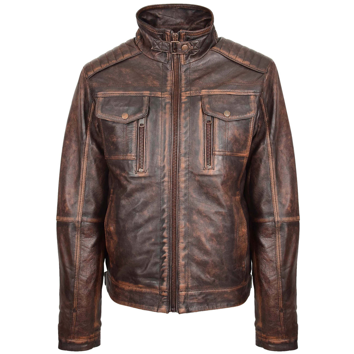 Mens Leather Urban Biker Style Jacket Hugo Brown Vintage - genuine leather jacket in brown vintage with six outer pockets