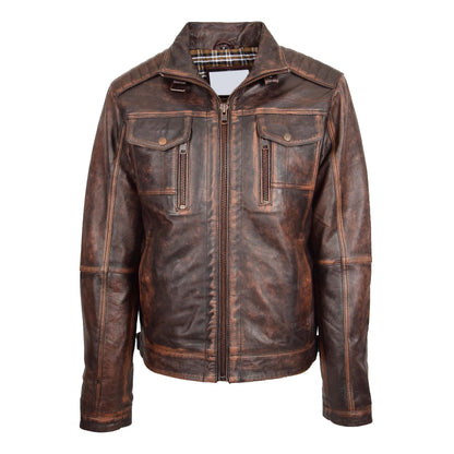 Mens Leather Urban Biker Style Jacket Hugo Brown Vintage - genuine leather jacket in brown vintage with vintage
