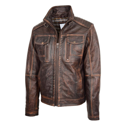 Mens Leather Urban Biker Style Jacket Hugo Brown Vintage - genuine leather jacket in brown vintage with biker