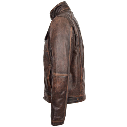 Mens Leather Urban Biker Style Jacket Hugo Brown Vintage - genuine leather jacket in brown vintage with six outer pockets