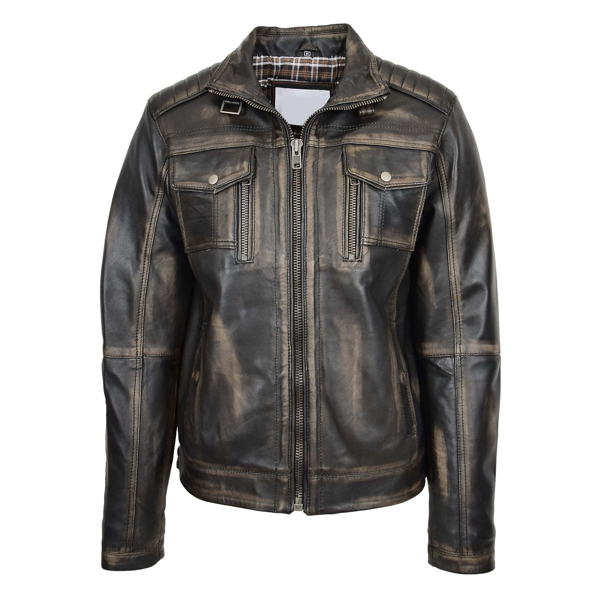 Mens Leather Urban Biker Style Jacket Hugo Black Rub Off - genuine leather jacket in black rub off with six outer pockets