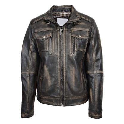 Mens Leather Urban Biker Style Jacket Hugo Black Rub Off - genuine leather jacket in black rub off with six outer pockets