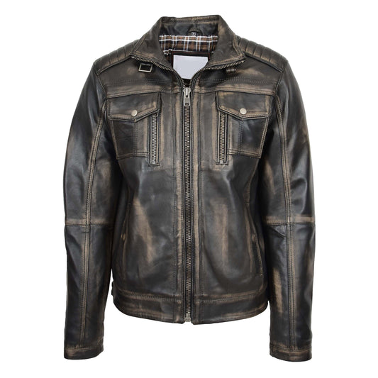 Mens Leather Urban Biker Style Jacket Hugo Black Rub Off - genuine leather jacket in black rub off with six outer pockets