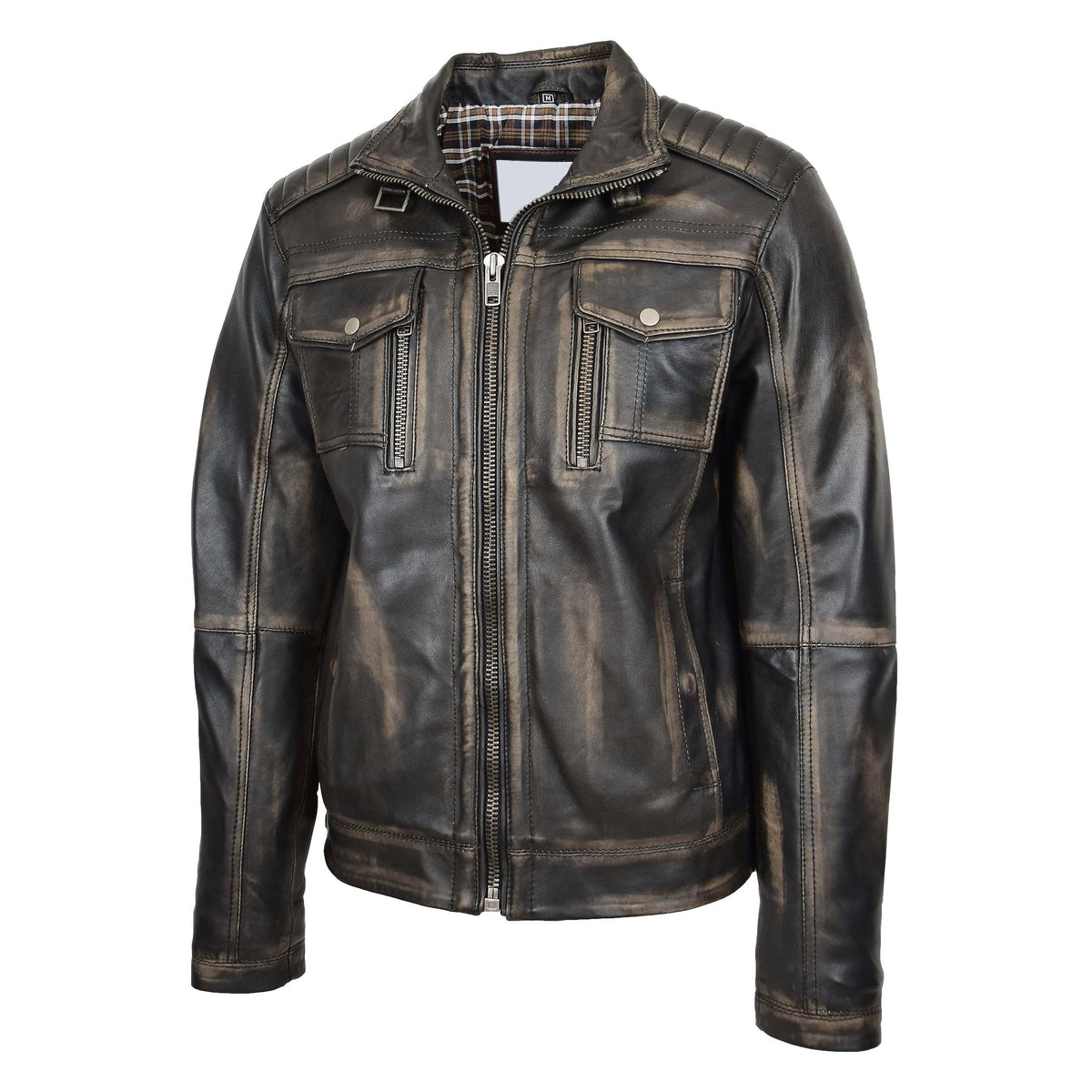Mens Leather Urban Biker Style Jacket Hugo Black Rub Off - genuine leather jacket in black rub off with biker