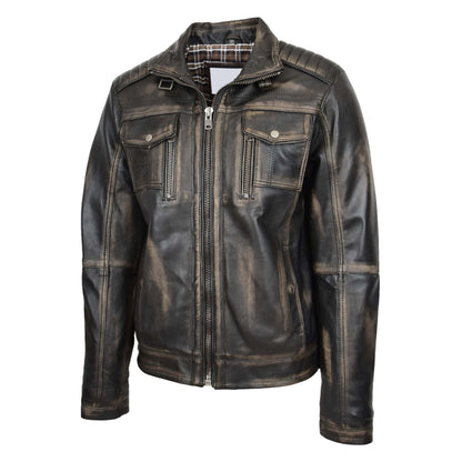 Mens Leather Urban Biker Style Jacket Hugo Black Rub Off - genuine leather jacket in black rub off with biker