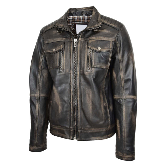 Mens Leather Urban Biker Style Jacket Hugo Black Rub Off - genuine leather jacket in black rub off with biker