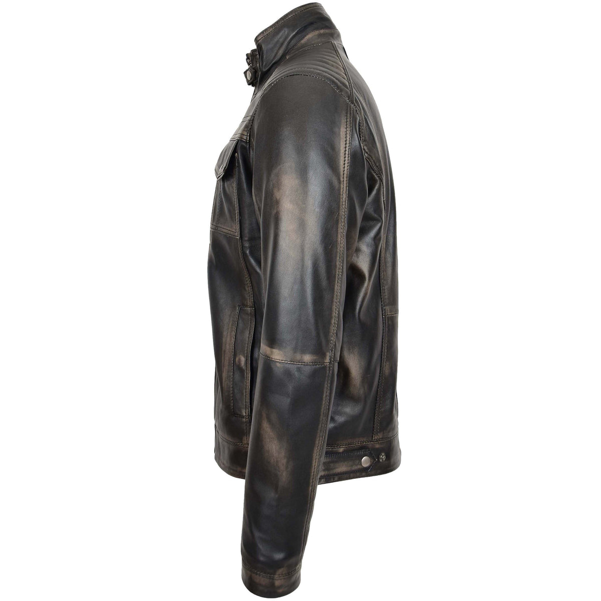Mens Leather Urban Biker Style Jacket Hugo Black Rub Off - genuine leather jacket in black rub off with six outer pockets