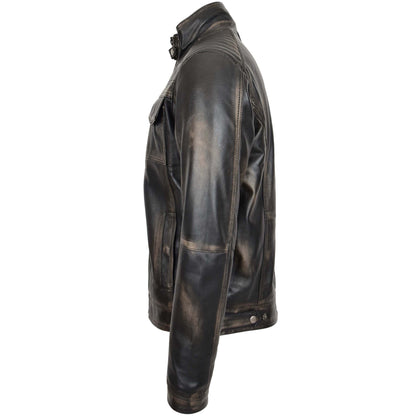 Mens Leather Urban Biker Style Jacket Hugo Black Rub Off - genuine leather jacket in black rub off with six outer pockets