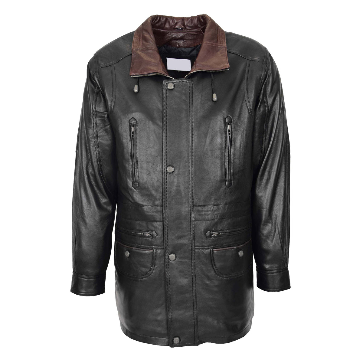 Mens Leather Winter Car Coat Hip Length Jason Black Brown Trim - genuine leather coat with six outer pockets
