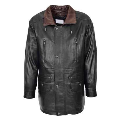 Mens Leather Winter Car Coat Hip Length Jason Black Brown Trim - genuine leather coat with six outer pockets