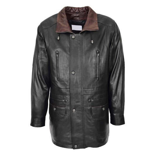 Mens Leather Winter Car Coat Hip Length Jason Black Brown Trim - genuine leather coat with six outer pockets