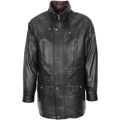 Mens Leather Winter Car Coat Hip Length Jason Black Brown Trim - genuine leather coat with car coat