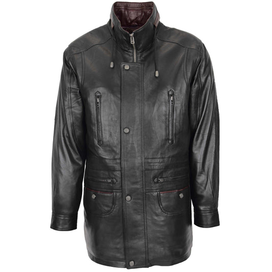 Mens Leather Winter Car Coat Hip Length Jason Black Brown Trim - genuine leather coat with car coat