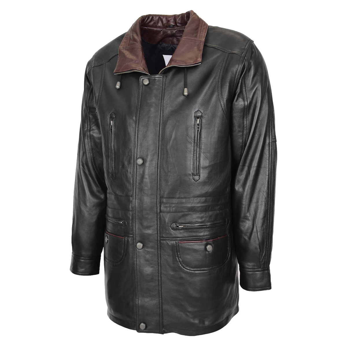 Mens Leather Winter Car Coat Hip Length Jason Black Brown Trim - genuine leather coat with hip length
