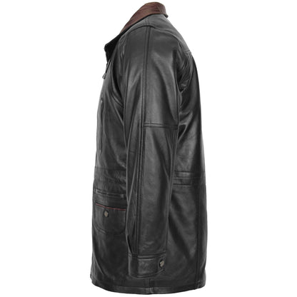Mens Leather Winter Car Coat Hip Length Jason Black Brown Trim - genuine leather coat with winter