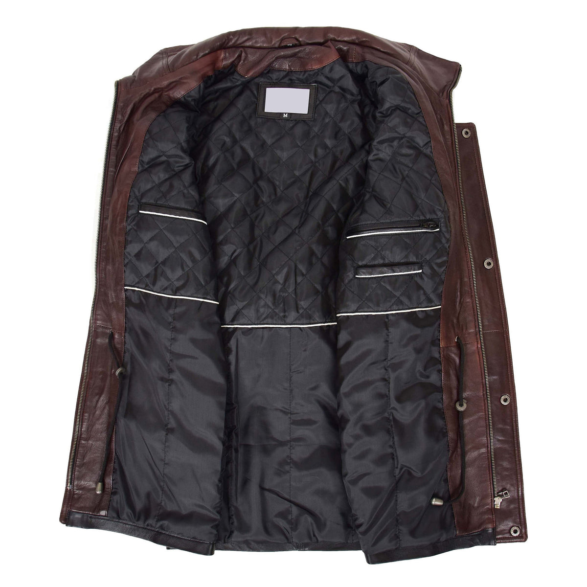 Mens Leather Winter Car Coat Hip Length Jason Black Brown Trim - genuine leather coat with six outer pockets