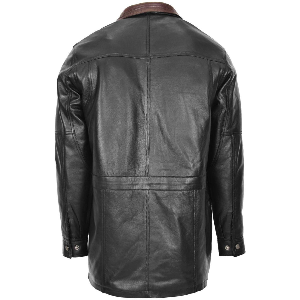Mens Leather Winter Car Coat Hip Length Jason Black Brown Trim - genuine leather coat with car coat