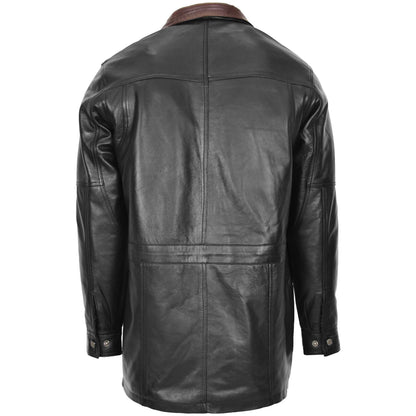 Mens Leather Winter Car Coat Hip Length Jason Black Brown Trim - genuine leather coat with car coat