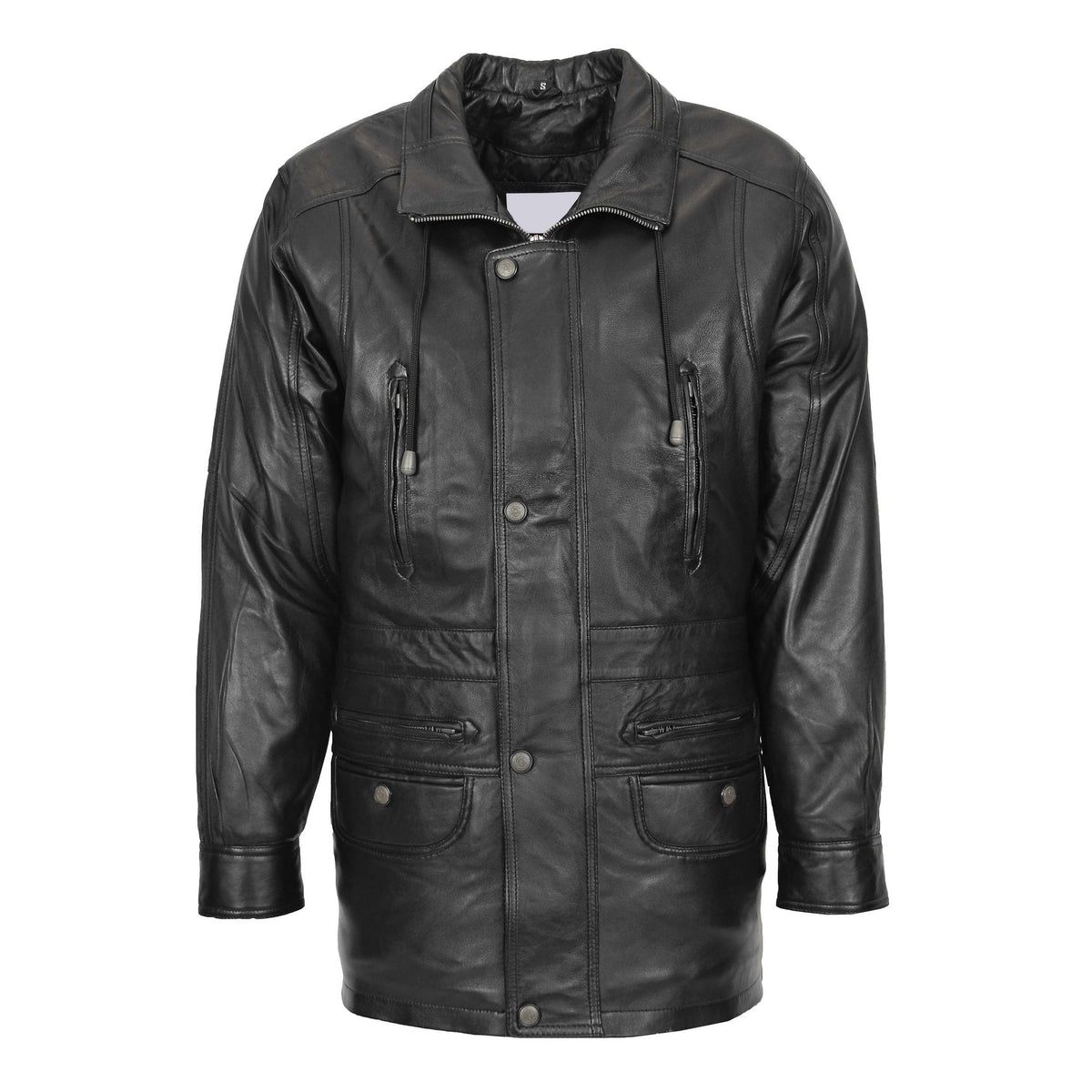 Mens Leather Winter Car Coat Hip Length Jason Black - genuine leather coat in black with six outer pockets