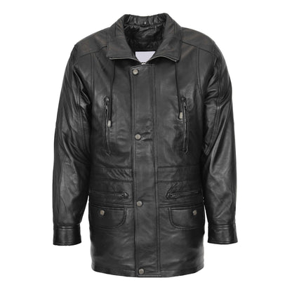 Mens Leather Winter Car Coat Hip Length Jason Black - genuine leather coat in black with six outer pockets