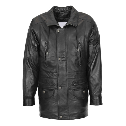 Mens Leather Winter Car Coat Hip Length Jason Black - genuine leather coat in black with six outer pockets
