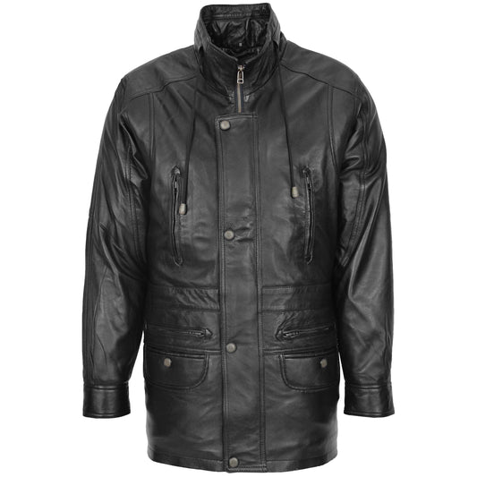 Mens Leather Winter Car Coat Hip Length Jason Black - genuine leather coat in black with car coat
