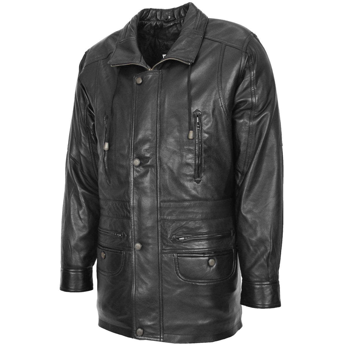 Mens Leather Winter Car Coat Hip Length Jason Black - genuine leather coat in black with hip length
