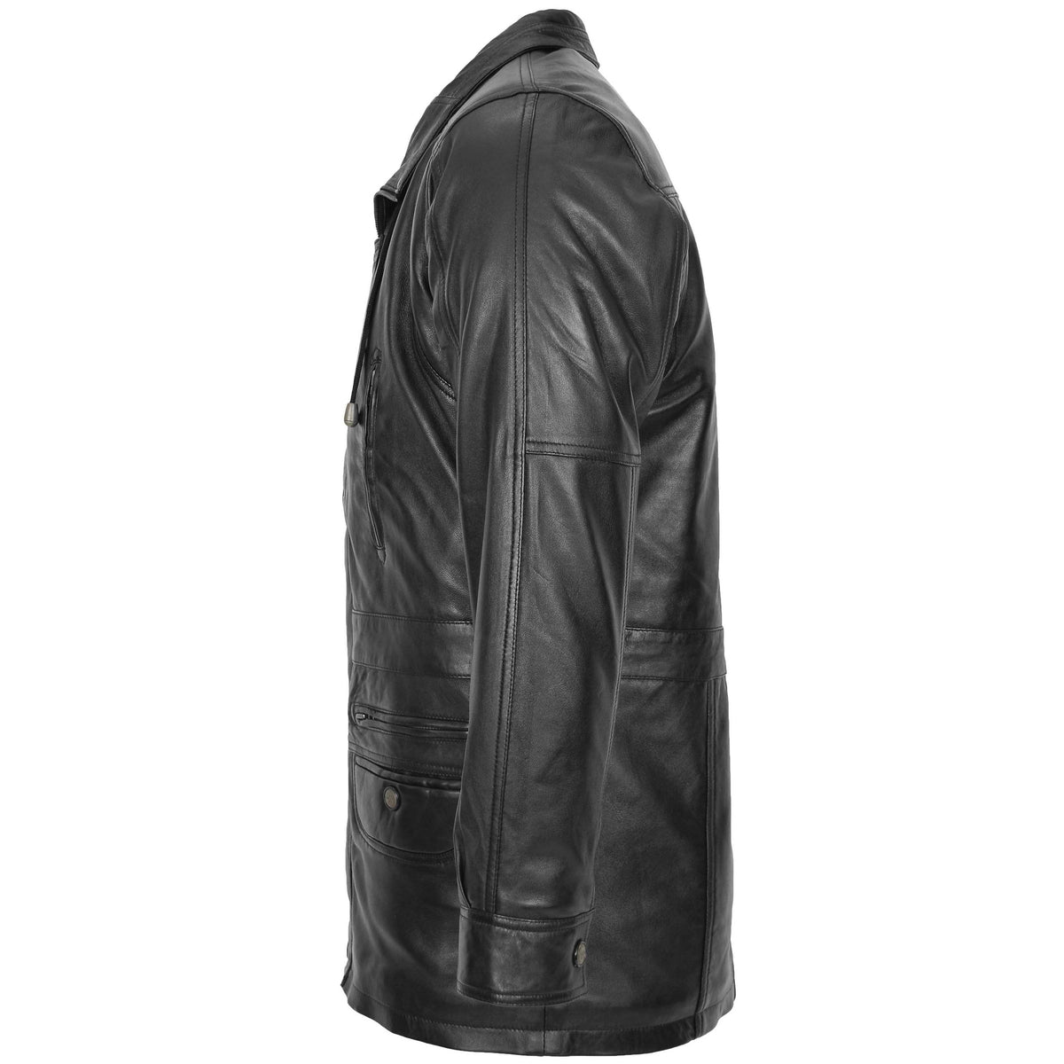 Mens Leather Winter Car Coat Hip Length Jason Black - genuine leather coat in black with winter