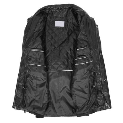 Mens Leather Winter Car Coat Hip Length Jason Black - genuine leather coat in black with six outer pockets