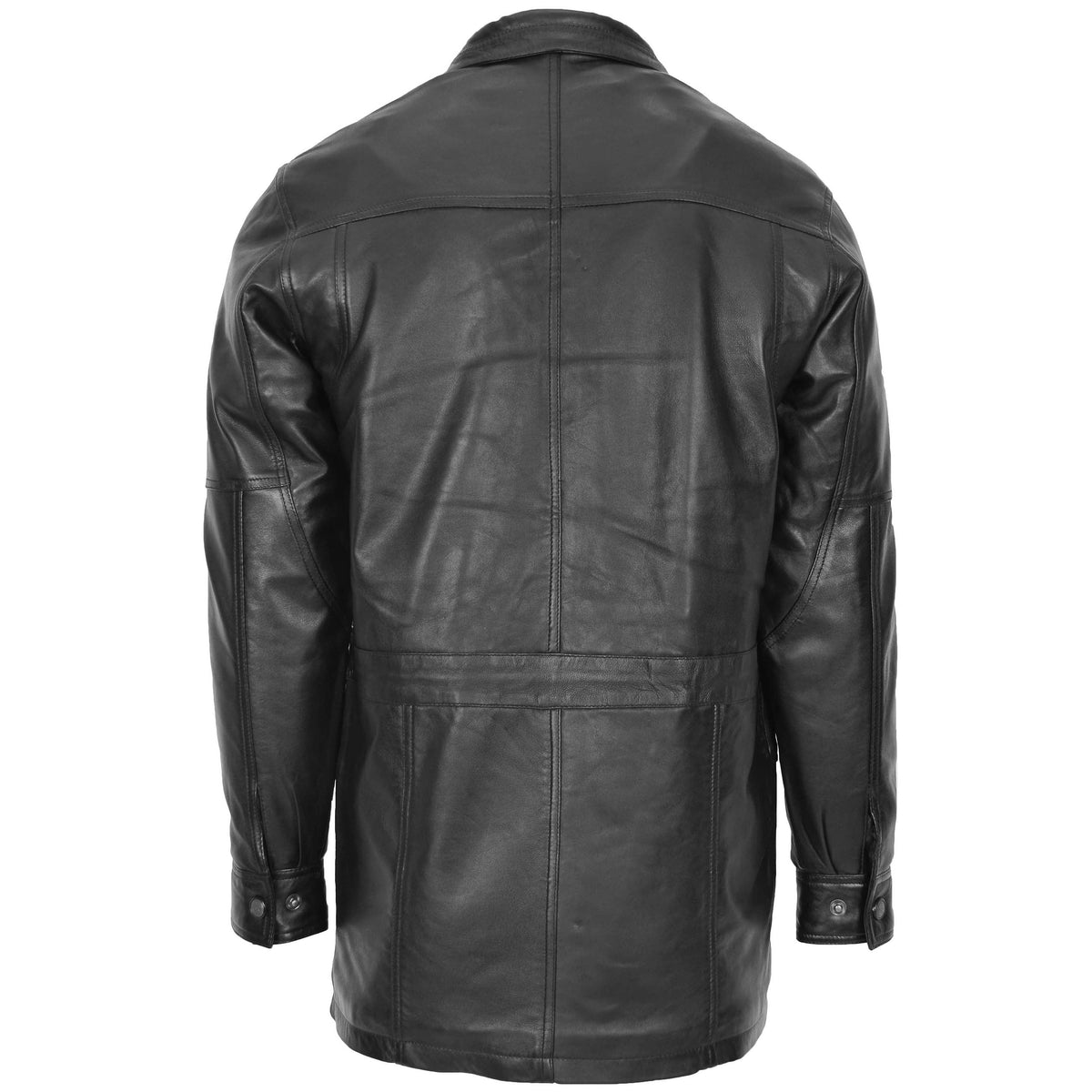 Mens Leather Winter Car Coat Hip Length Jason Black - genuine leather coat in black with car coat