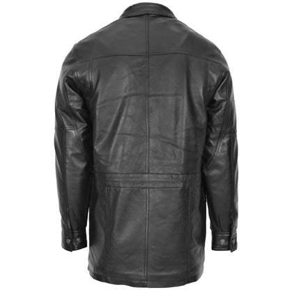 Mens Leather Winter Car Coat Hip Length Jason Black - genuine leather coat in black with car coat