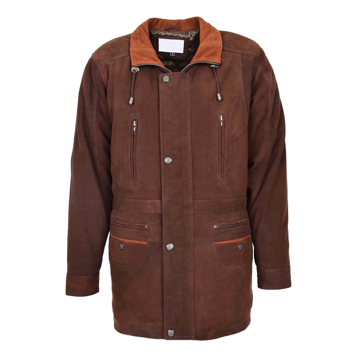 Mens Leather Winter Car Coat Hip Length Jason Brown Nubuck - genuine leather coat in brown nubuck with six outer pockets