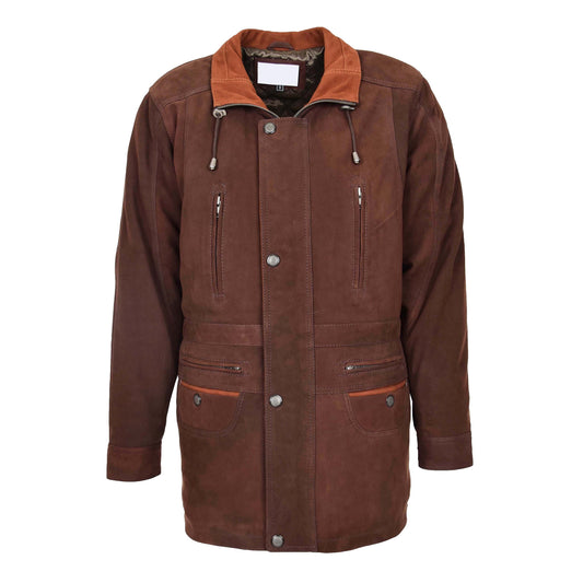 Mens Leather Winter Car Coat Hip Length Jason Brown Nubuck - genuine leather coat in brown nubuck with six outer pockets