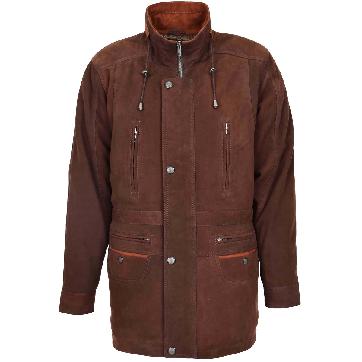 Mens Leather Winter Car Coat Hip Length Jason Brown Nubuck - genuine leather coat in brown nubuck with car coat