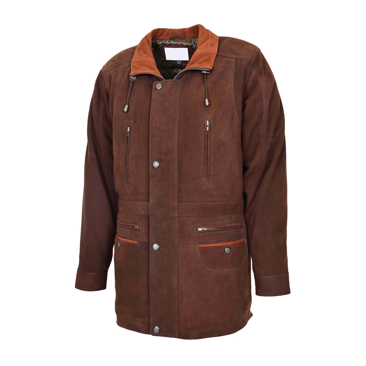 Mens Leather Winter Car Coat Hip Length Jason Brown Nubuck - genuine leather coat in brown nubuck with hip length