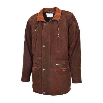 Mens Leather Winter Car Coat Hip Length Jason Brown Nubuck - genuine leather coat in brown nubuck with hip length