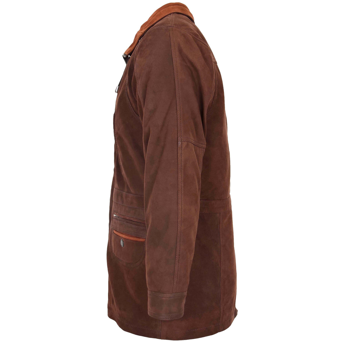 Mens Leather Winter Car Coat Hip Length Jason Brown Nubuck - genuine leather coat in brown nubuck with winter